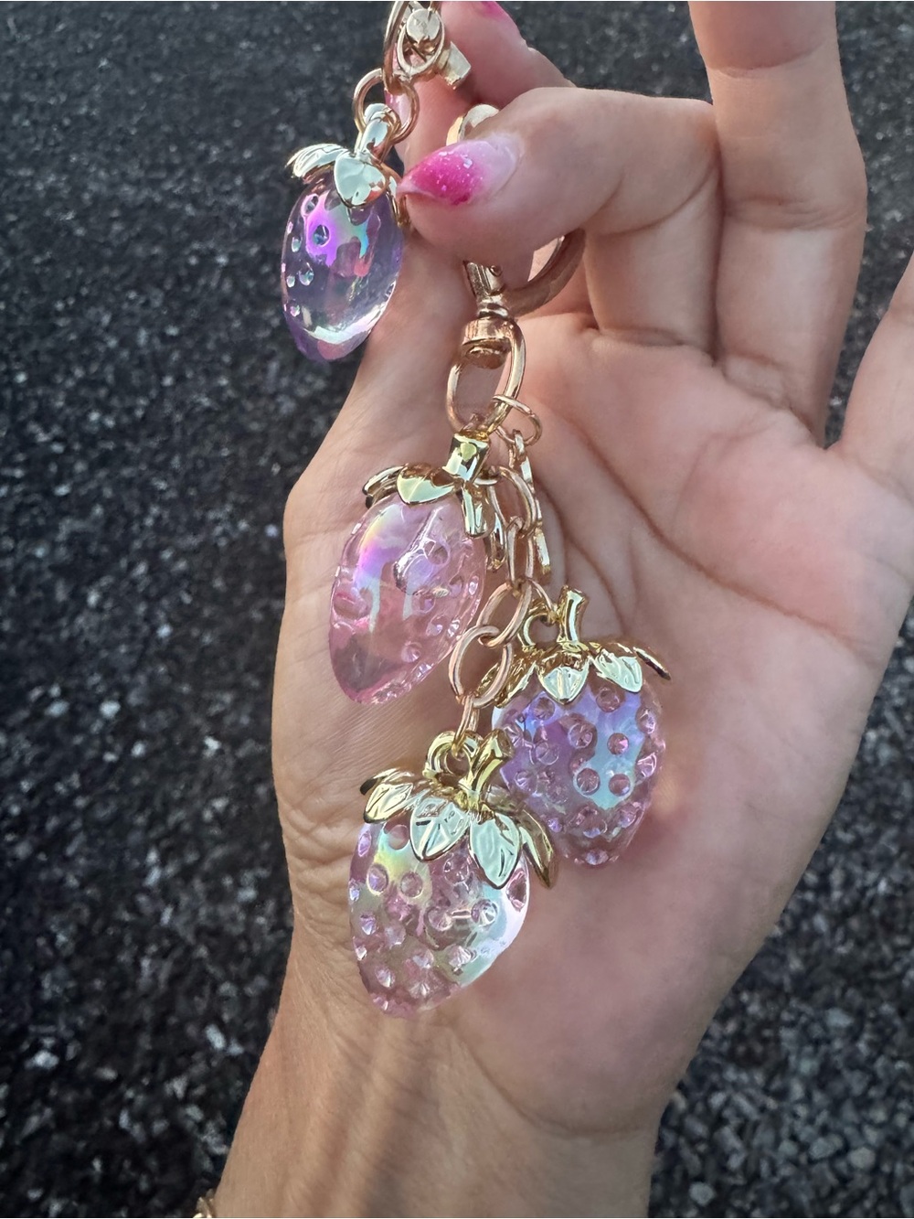 2-Piece Iridescent Strawberry Bag Charm Keychain Set Pink Gold - Picture 6 of 6